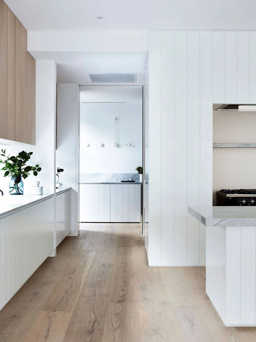 A spotless white kitchen with timber floors
